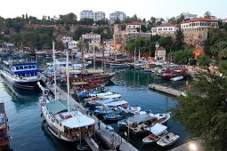 Boats moored in Old Town harbour in Antalya, Turkey
