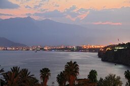 View of sea overlooking city at dusk in Antalya, Turkey