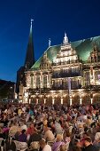 Illuminated town hall at night, Bremen, Germany, long exposure