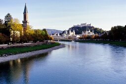 View of river Salzach and old town, Salzburg, Austria