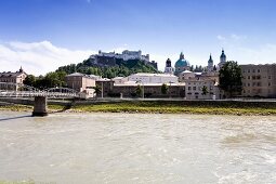 View of Salzach river and old town, Salzburg, Austria