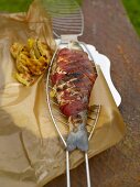 Loup de Mer with lemon and butter, overhead view