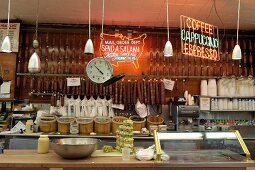 Shops at Italian market in The Bronx, New York, USA