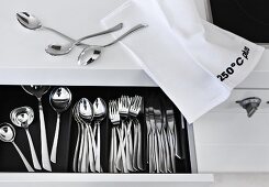 Cutlery on white tray, black and white