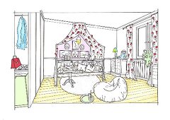 Zeichnung Kinderzimmer, Eisenbett Rosenhimmel, Sitzsack, Raumtrenner