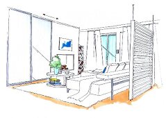Zeichnung Wohnzimmer, Sofa, Schrankwand, Couchtisch, Raumtrenner