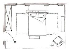 Zeichnung Grundriss  Schlafzimmer Dachgeschoss, Bett, Kleiderschrank