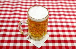 Bier in kleinem Glas auf Bierdeckel und rot-weiß karierter Tischdecke