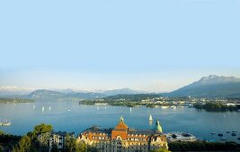 View of Art Deco Montana Hotel, Lake Lucerne, Alps, Lucerne, Switzerland
