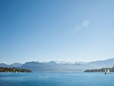 Panoramic view of sail boats in Lake Lucerne, Alps, Lucerne, Switzerland