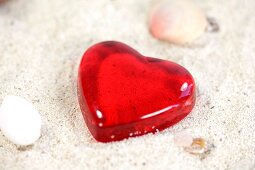 Rotes Herz im Sand mit Muscheln daneben