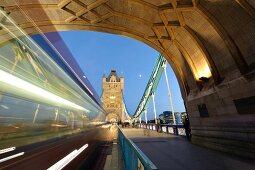 Light trails symbolizing traffic in Tower Bridge, Southwark, London, UK