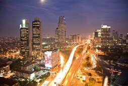 View of skyline of Levent and Buyukdere at night, Istanbul, Turkey