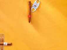 Cigar and ashtray on yellow background