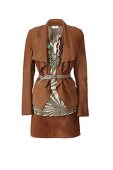 Brown suede blazer, skirt with top, chain and belt on white background