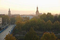 Elevated view on old bridge and Berliner Promenade at Saarbrucken, Saarland, Germany