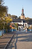 View of castle church with old bridge, Saarbrucken, Saarland, Germany