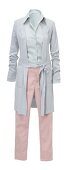 Grey cotton cardigan, blouse and jeans in pastel tones on white background