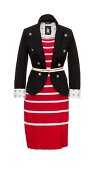Black jacket with red striped knit dress and leather belt on white background