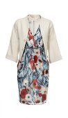 Sleeveless floral pattern wrap dress with creme boxy jacket on white background