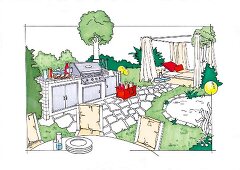 Illustration of barbecue area, patio and lawn in garden