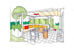 Illustration of barbecue, bench and table in pergola on terrace garden