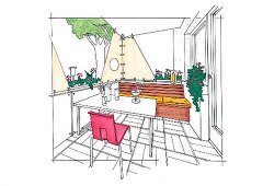 Illustration, Balkon, Sitzbank, Stoffsegel, Tisch, Stuhl