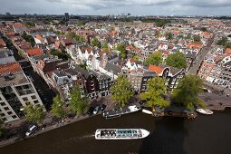 Aerial view of Old Town and Prinsengracht canal in Amsterdam, Netherlands