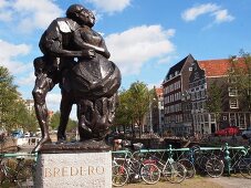 Bredero statue in Nieuwmarkt, Amsterdam, Netherlands