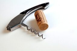 Cork and corkscrew on white background