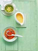 Asparagus sauces with herbs and egg vinaigrette in bowl