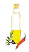 Illustration, Öl, Flasche, Olivenöl, Chilischote, Chili