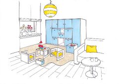 Illustration, Wohnzimmer, Spielecke Detail, Regalwand, Spielsachen