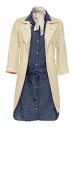 Denim frock coat style dress and silk scarf on white background