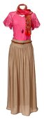 Pink lace top, brown long skirt with belt and scarf on mannequin against white background