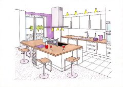 Illustration of kitchen with kitchen island as dining table