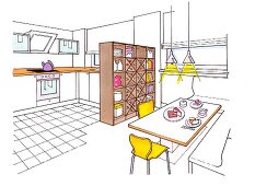 Illustration, Zeichnung, Küche, Esstisch, Zonen