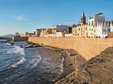 View of Mediterranean sea and old town, Alghero, Sardinia, Italy