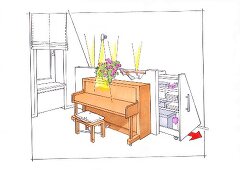 Illustration of music room with piano and cabinet