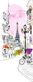 Illustration, Paris, Eiffelturm, Gasse, Straßenlaterne, typisch