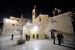 Facade of Gabriel church during Christmas time at night, Nazareth, Israel