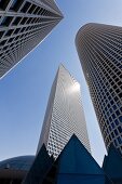 Low angle view of Azrieli Center and circular tower in Tel Aviv, Israel