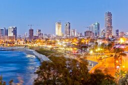 View of Neve Tzedek district skyline and Mediterranean at evening, Tel Aviv, Israel