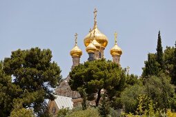 View of domes of St. Mary Magdalene Church at Mount of Olives, Jerusalem, Israel