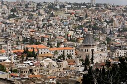 View of city with Church of Annunciation and Jesus Trail, Nazareth, Israel