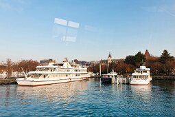 Ships moored in Lake Geneva, Lausanne, Canton of Vaud, Switzerland