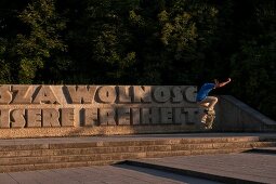 Berlin, Volkspark Friedrichshain, polnisches Denkmal, Skater