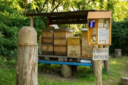 Wooden crates in intercultural garden, Berlin, Germany 