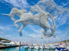 Installation of unicorn made from fishing nets at Port in Izmir Province, Aegean, Turkey