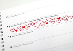 Kalender, 14.Februar, Valentinstag, Rote Herzen, Kalendereintrag